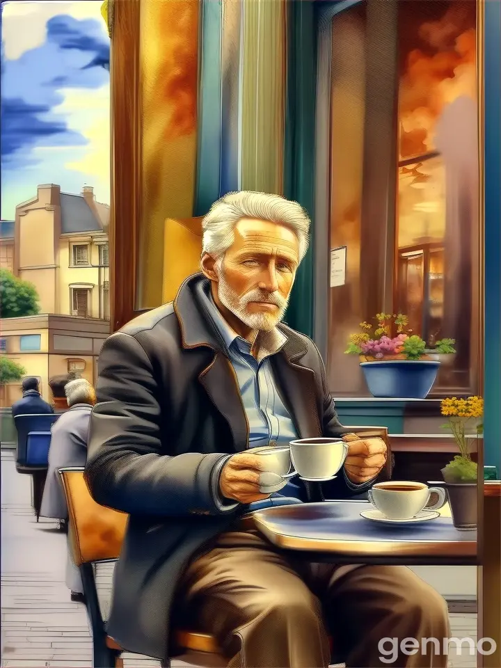 a painting of a man sitting at a table with a cup of coffee