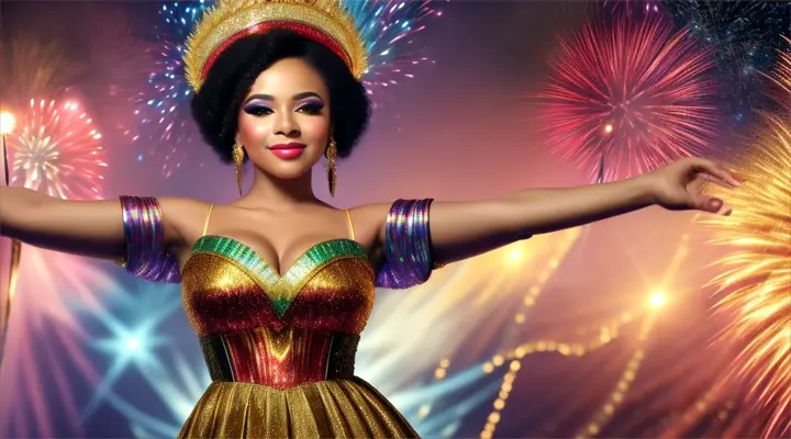 Mujer bella brasileña with an opulent and elegant dress surrounded by fireworks and a colorful galaxy y llamas de fuego in the background.
