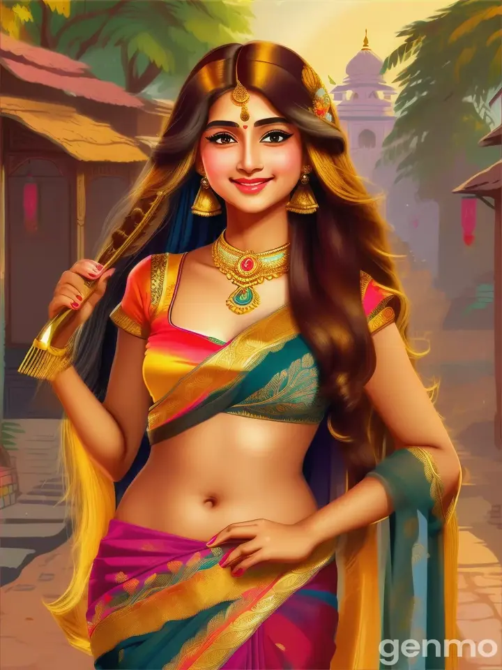 One beautiful young girl in saree with golden hair combing hair with golden comb village cartoon 