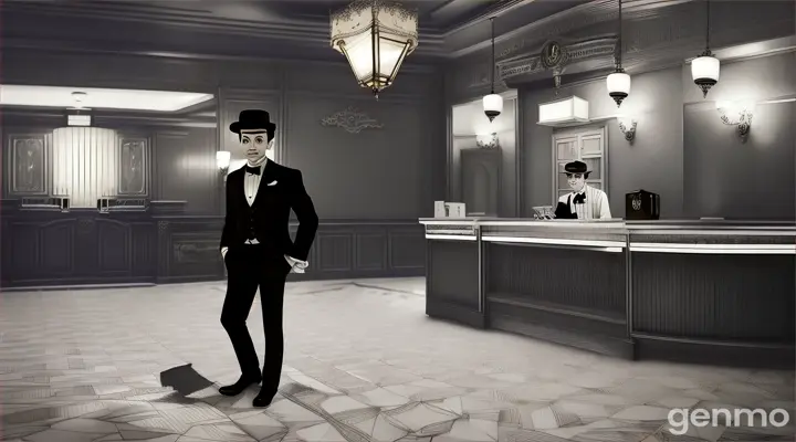 A dimly lit, old-fashioned hotel lobby with worn-out furniture and a flickering light. The horror manager stands behind a counter with a mysterious smile, handing Ali young man a key. Ali young man is standing nervously near the entrance, holding his bag. Animation 