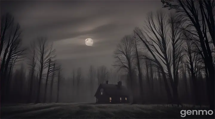 On a full moon night, a crow flies out from the darkness of a forest towards the front, it is a horror scene