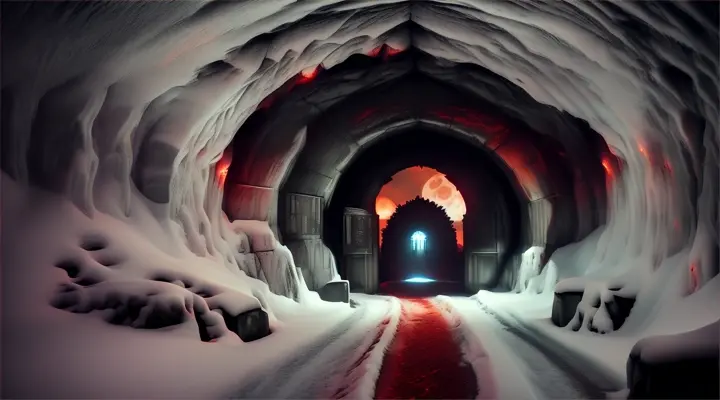 tunnel scary crypt entrance in the snowy mountain cave, blood moon at night