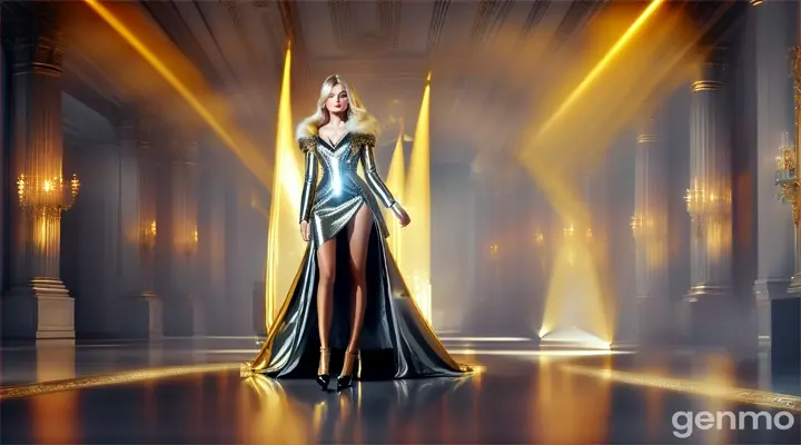 A hall with a podium, smoke billows on the sides. A girl beautiful, slender mannequin with long dark hair, gathered in a high ponytail, and huge blue eyes, walks forward facing the camera, on a mirrored podium with a quick sharp step, dressed in a golden futuristic short dress with a voluminous silver futuristic pattern and decorated with fur. Puffs of smoke surround the girl, the smoke is colored and beautifully tangled around the catwalk.
There are many women sitting on the sides of the catwalk looking at the model. high quality image, realism, natural colors, bright colors, intricate details, high detail, realistic, cinematic, studio photography, wide angle lens, half angle, sharp focus, best shadows, depth of field, ultra realistic detailed lighting, volumetric lighting, cinematic lighting, dramatic lighting, rays of light, movie, 8k, hdr, high resolution