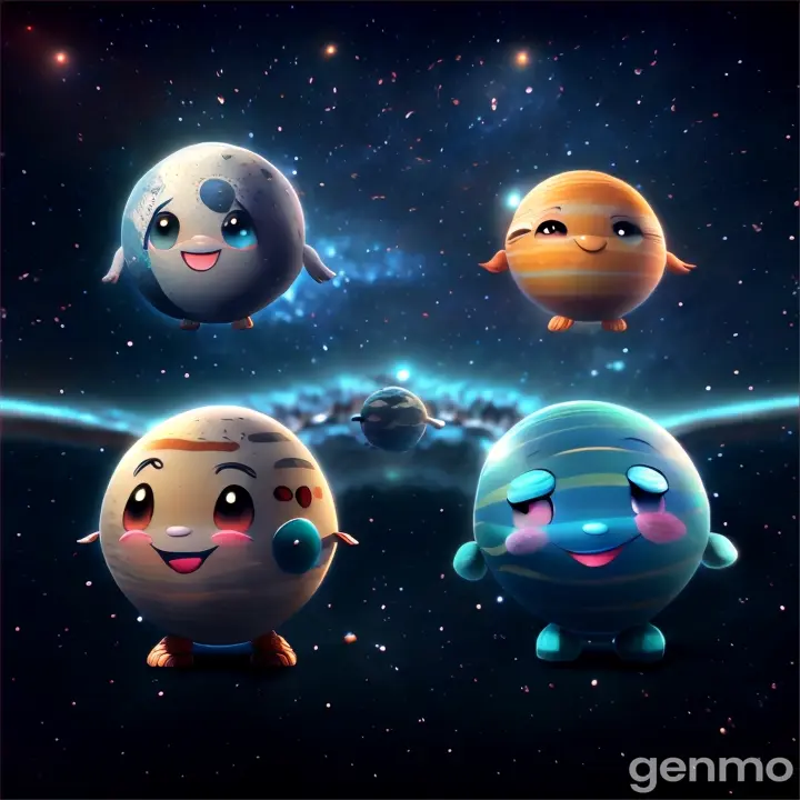 a group of cartoon planets sitting in the middle of a galaxy