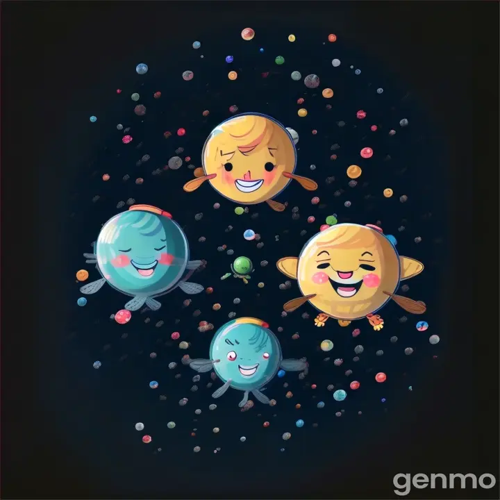 a group of cartoon planets flying through the air