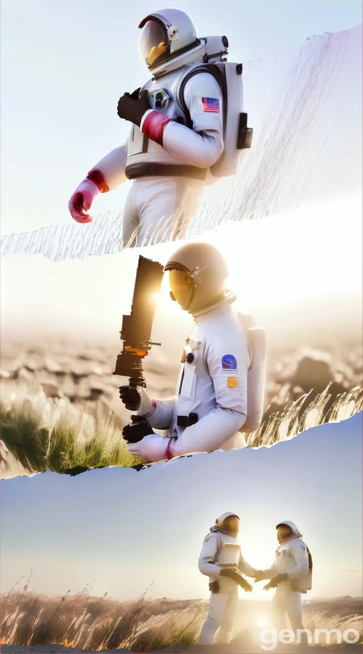 Abandoned astronaut suit on a colorful alien planet, eerie yet beautiful, digital art