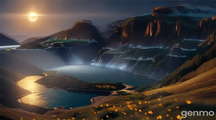 Create 3d animation of beautiful night view of hills area where waterfall is touching the river and beautiful flowers are moving in moon light
