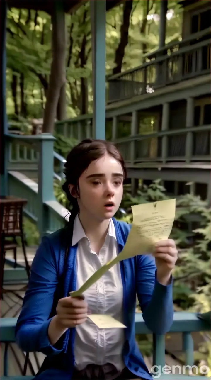 a woman sitting on a porch holding a piece of paper and the women cry to read the letter. 