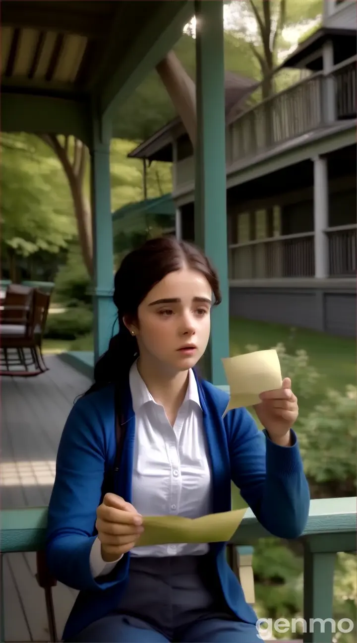 a woman sitting on a porch holding a piece of paper and the women cry to read the letter. 