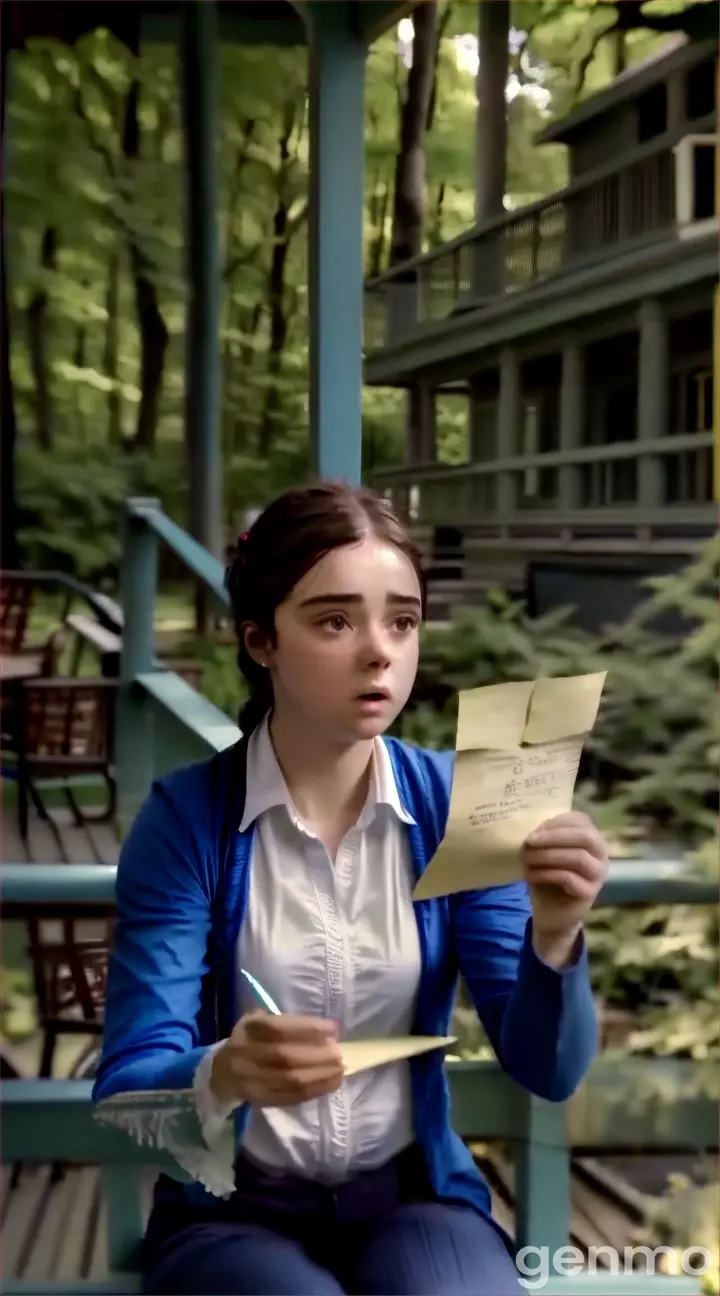 a woman sitting on a porch holding a piece of paper and the women cry to read the letter. 