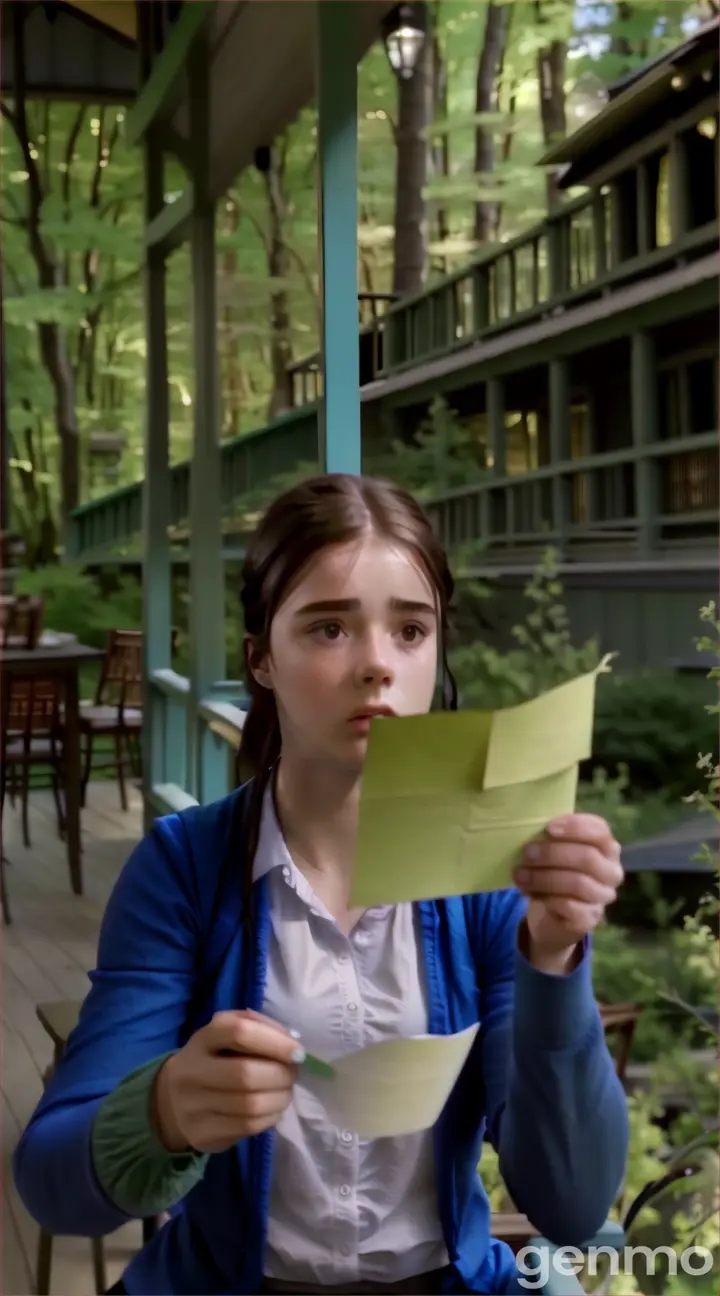 a woman sitting on a porch holding a piece of paper and the women cry to read the letter. 