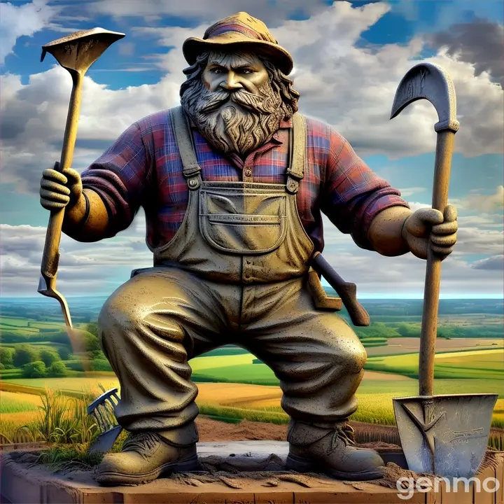 a statue of a farmer holding a shovel