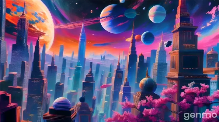 a painting of a cityscape with planets in the sky