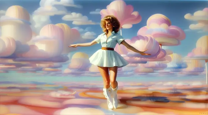 Patti Hansen as a natural dancer in paisaje lunar a 1970s-style shirt dress and knee-high boots, high neck, and ruffles, in an ultra-realistic, detailed watercolor of a world of Candyland clouds. The watercolor conveys movement through varying perspectives of wind, dance, head-turns or zooming in or out.