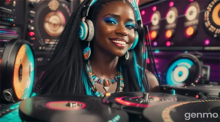 une belle femme noire DJ , souriante,avec des cheveux longs, lisses et noirs, les yeux bleus clairs, avec un casque sur les oreilles et des colliers amérindiens  turquoise autour du cou, mixe avec ses deux platines dans un studio de radio FM. 