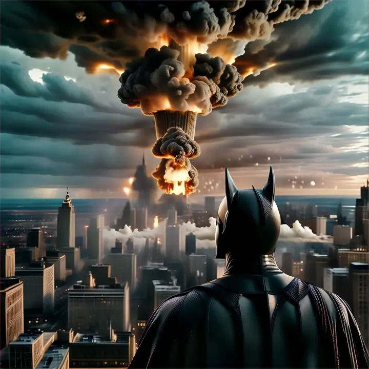 nuclear explosion in Gotham city , advertising style