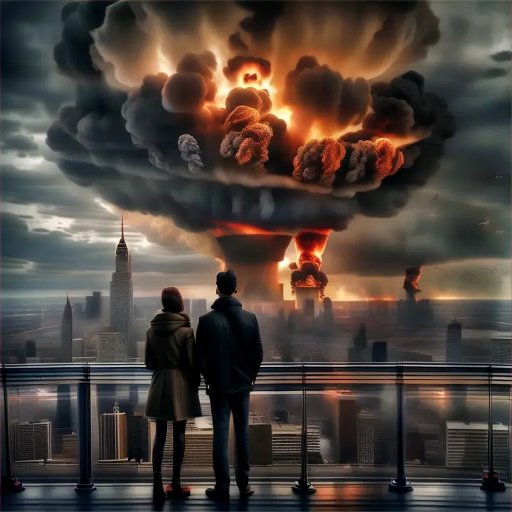 nuclear explosion in Gotham city , advertising style