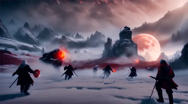 snowy mountain battlefield, blood moon, warriors fighting demon horde