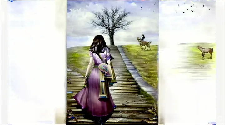 a painting of a woman walking up a flight of stairs