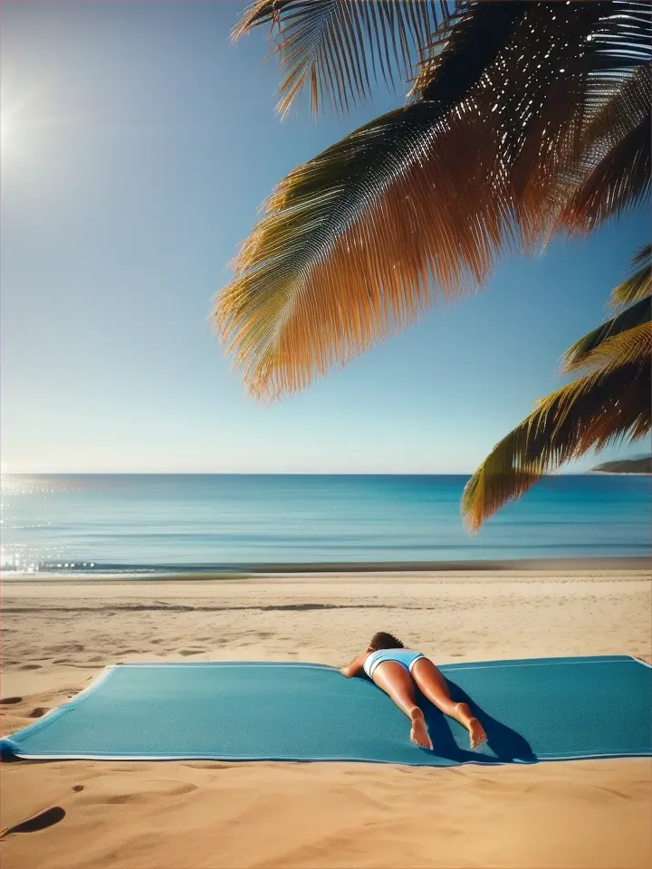  against the backdrop of a serene beach, with a caravan parked nearby, imagine a person lying in a push-up position on a towel laid on the sandy grass, advertising style