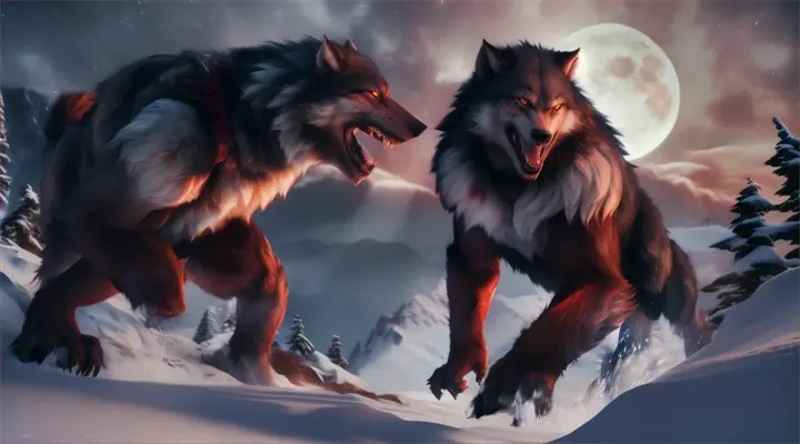 werewolves fighting, snow mountain, blood moon