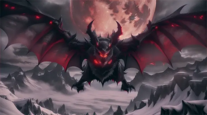 demon bat, snow mountain, blood moon