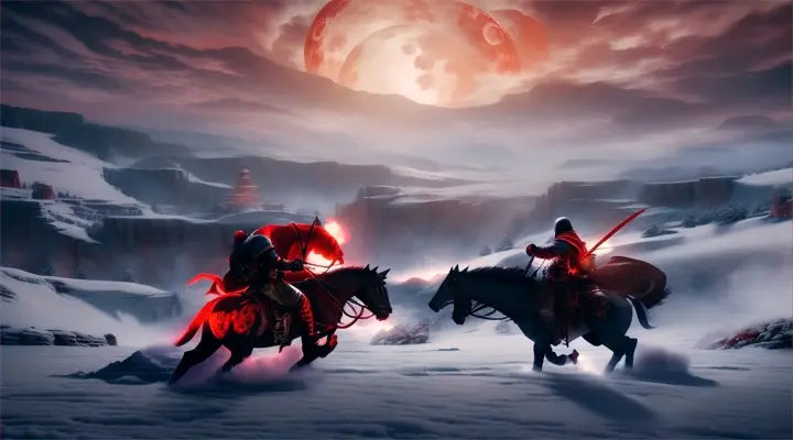 demon warriors, snow mountain, blood moon, battlefield