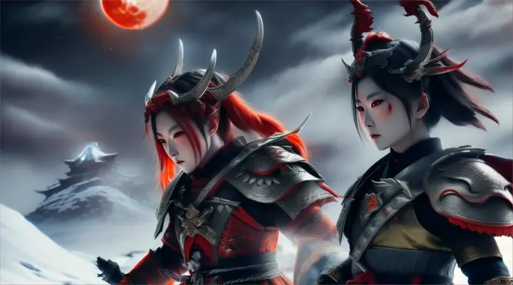 demon warriors, snow mountain, blood moon, battlefield