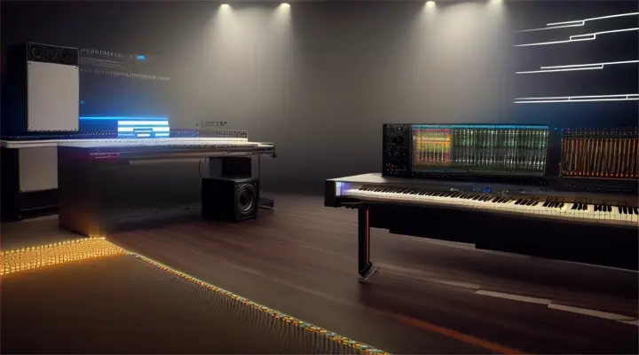  in a cutting-edge studio, a musician plays an 8k hdr keyboard and drum machine, surrounded by a sea of state-of-the-art studio equipment and speakers, advertising style