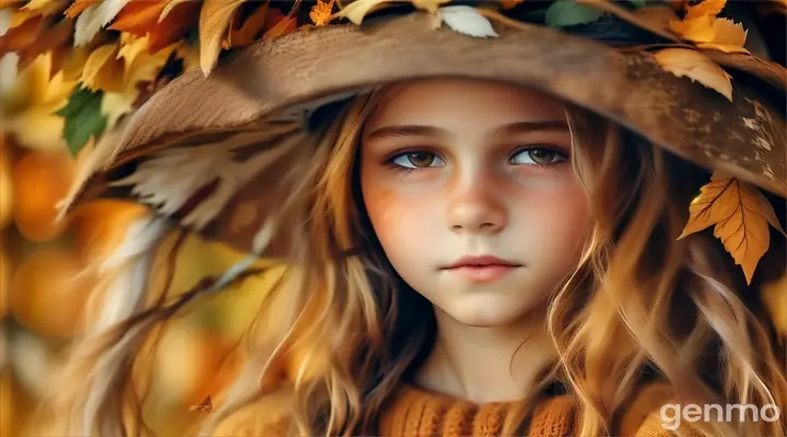 a young girl wearing a hat with leaves on it