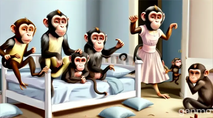 a group of  five monkeys hanging out in a bedroom