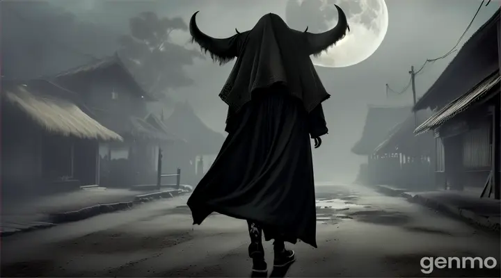 A cinematic dark horror movies style of a human-animal creature that it has human body but the head of a cow wears cloak, walks in the middle of an empty village traditional market, weird demon creatures are around, in a remote area in Indonesia, dark moonlit night