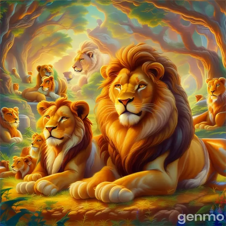 a painting of a lion family in the jungle