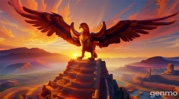 Majestic phoenix soaring over ancient ruins at sunset, vibrant flames, digital painting