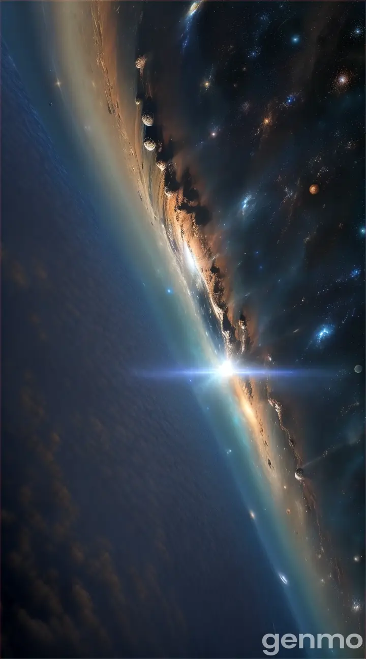 Show a view of Earth from space with the Milky Way galaxy in the background. As the camera slowly zooms out, the entire solar system begins to appear in view.