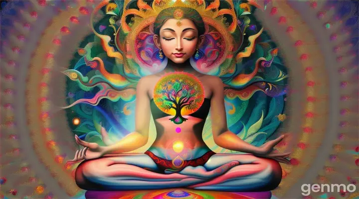 a painting of a person sitting in lotus position with the sun and the tree of life, wearing psychedelic wicca, Intrincado espectro Wiccano, kundalini energia, Chakras, um ser interdimensional, psychedelic artwork, psychedelic therapy, psychedelic aesthetic, collective consciousness, canalizando a energia do terceiro olho, elevated consciousness, Ajna Chakra, psychedelic style, cosmic tree of life, diagrama de chakra