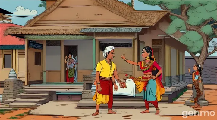 A men in dhoti angrily talking to women in saree outside Village house nice cartoon 