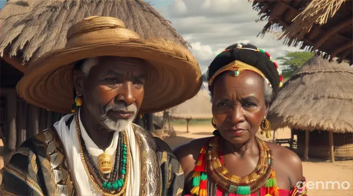 create a very fat African woman ebony black and huge wearing traditional African attire walking with her aging husband with regret written all over him .as they sat in front of the thatched hut