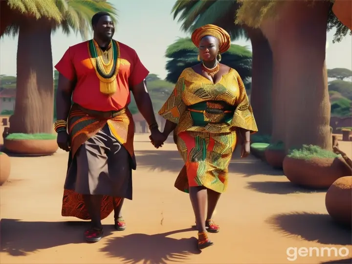 create a very fat African woman ebony black and huge wearing traditional African attire walking with her new wealthy giant man.he came out with luxury mecedez car