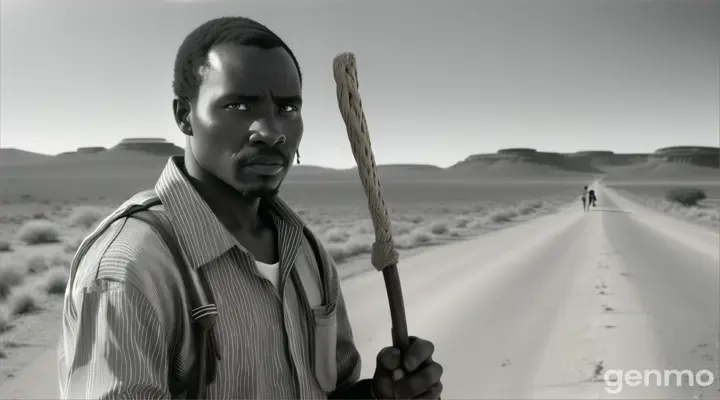 create a very short African man tying wrapper shrinking in size .standing in a lonely road holding a walking stick