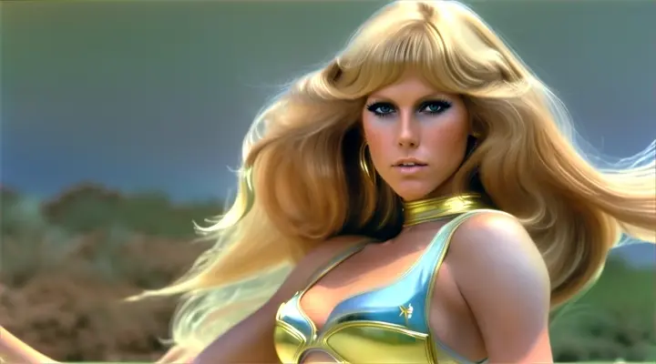 primer plano Patti Hansen as Barbarella de 1968 a natural dancer in paisaje lunar a 1970s-style , in an ultra-realistic,  a world of lunar garden. The watercolor conveys movement through varying perspectives of wind, dance, head-turns or zooming in or out. plano de abajo a arriba, plano de arriba a abajo, plano aéreo, timelapse