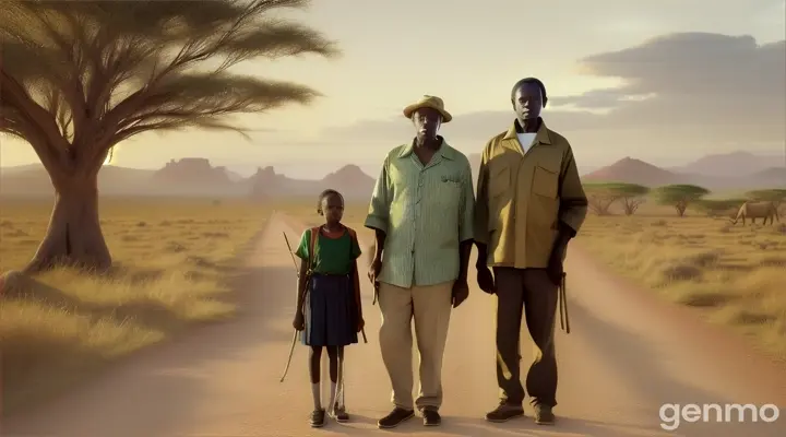 create a very short African man tying a wrapper shrinking in size .standing on a lonely road holding a walking stick. face wrinkled withson and two daughters