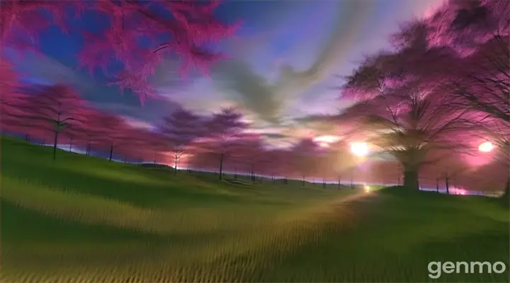 a computer generated image of a sunset in a park