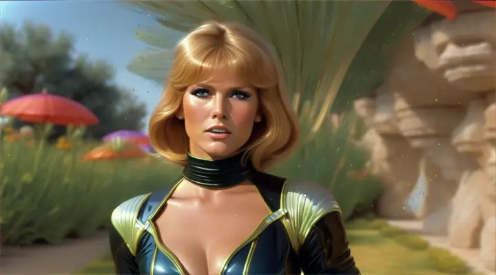 filtro, escenas barbarella film 1968,  vestuario  mono de cuero de pieza entera hasta el cuello  estilo racer  1968 primer plano ultra realista Patti Hansen as Barbarella film 1968  a natural dancer  1970s-style , in an ultra-realistic,  a world of marte garden. The watercolor conveys movement through varying perspectives of wind, dance, head-turns or zooming in or out. plano de abajo a arriba, plano de arriba a abajo, plano aéreo, timelapse