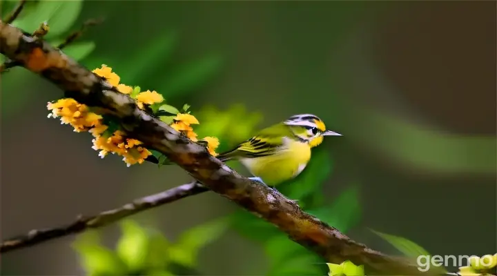 a small bird perched on a branch with yellow flowers