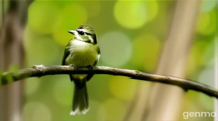 a small bird sitting on a branch in a forest