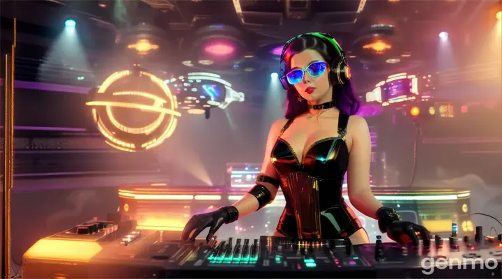 A slender woman with shapely hips and a larger bust than usual, wearing steampunk glasses, shiny headphones and a low-cut latex swimsuit, stands near a DJ mixing console and an electric piano in a steampunk club. Minimal clothing. Laser beams of bright colors against the background of large television screens. "FPV drone shot"