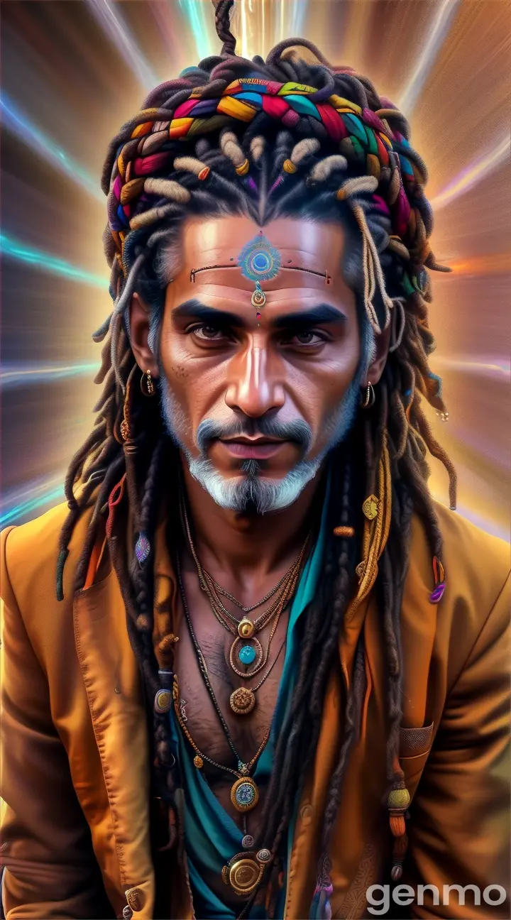 a man with dreadlocks on his head, lazers and mandalas 