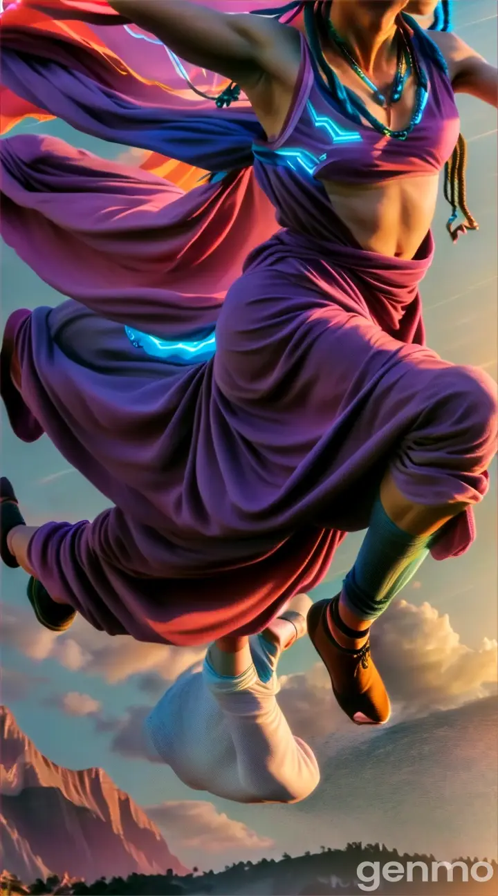 a woman flying through the air while wearing a colorful dress