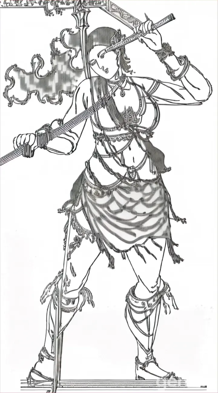 a black and white drawing of a woman holding a sword